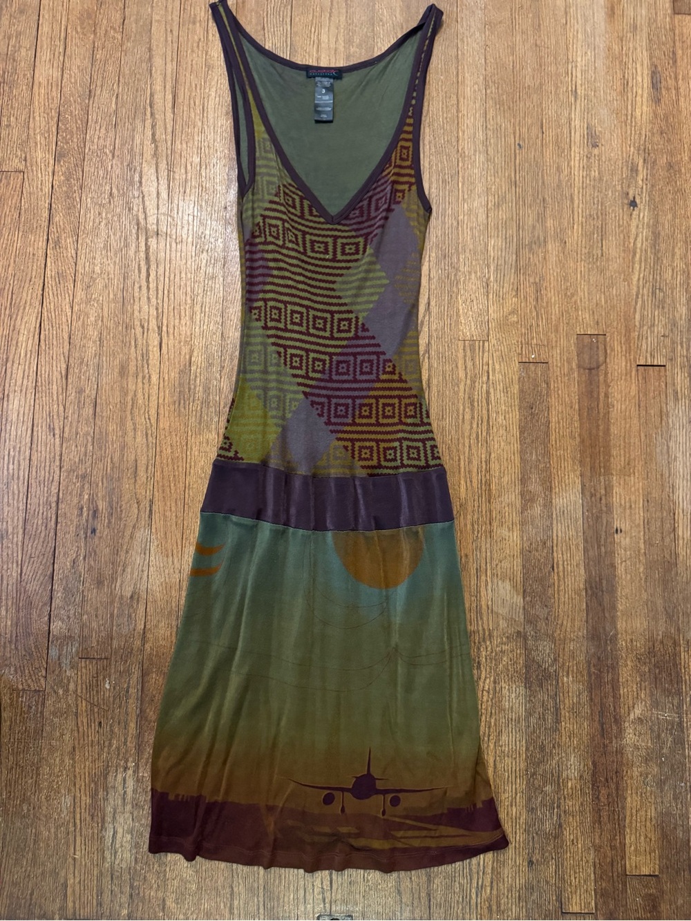 Custo Barcelona Olive Green and Brown Geometric Midi Dress w/ Airplane